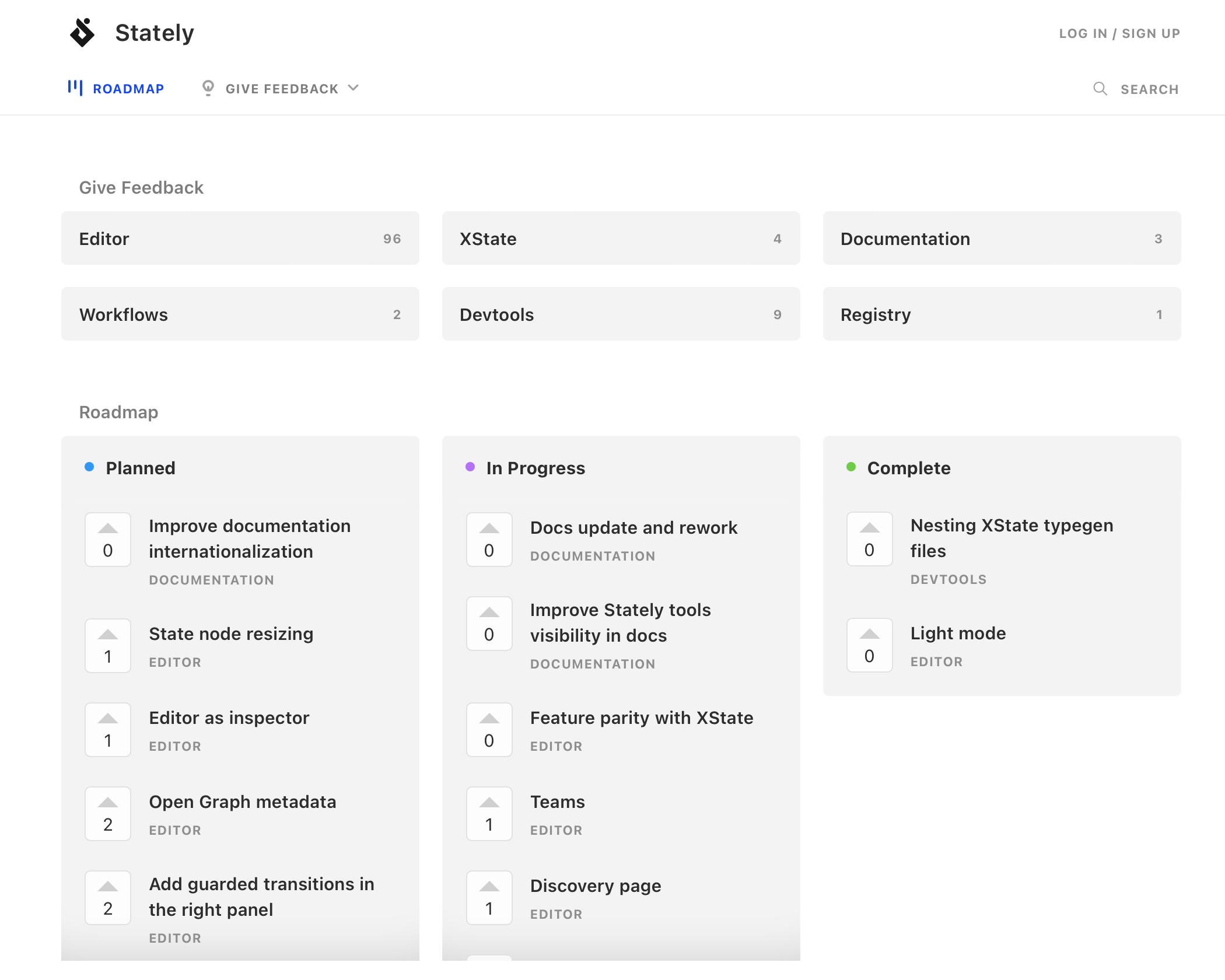 The Stately roadmap showing options to give feedback on the Editor, XState, Documentation, Workflows, Devtools and Registry, as well as a roadmap showing Planned, In Progress and Complete features