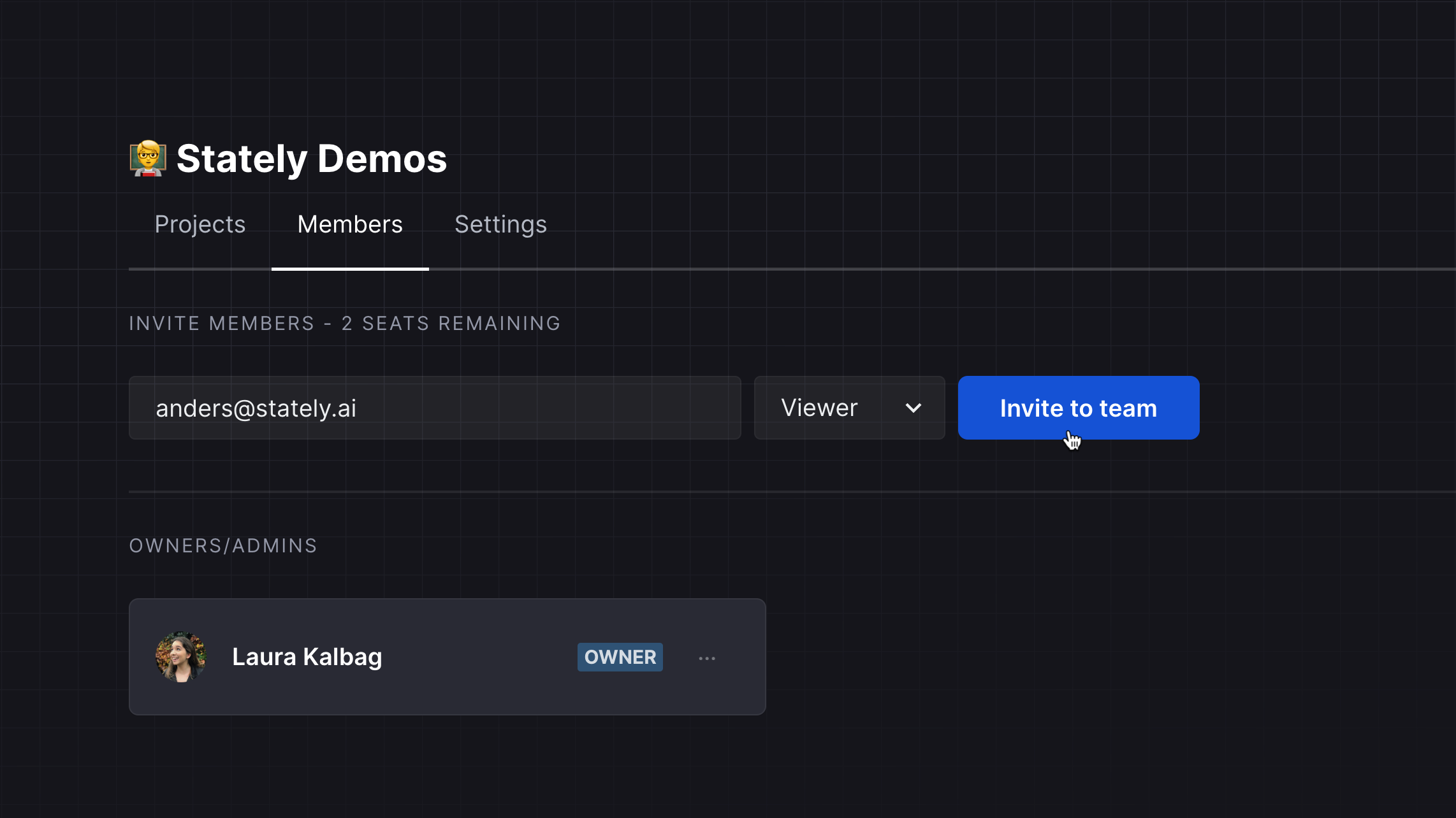 Stately Demos team Members page. Showing Anders being invited to the team with the Viewer role.