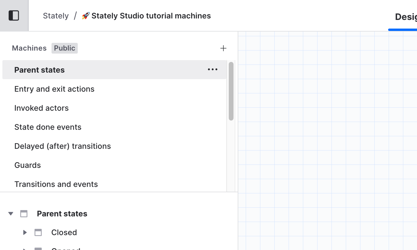 Stately Studio’s editor showing the Machines list in the left drawer for Stately Studio Tutorials project. The selected machine is called ‘Parent states.’