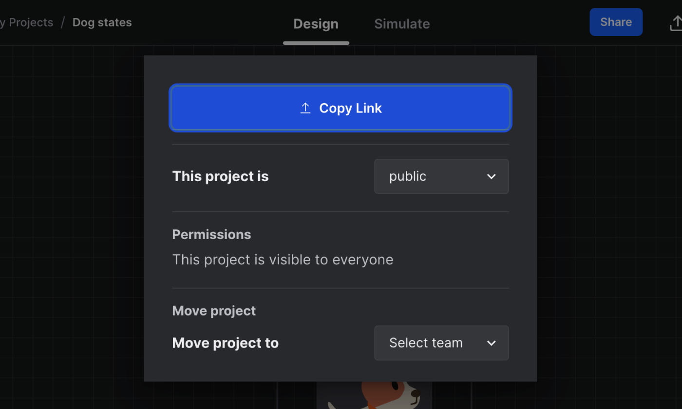 Stately Studio’s editor page showing the Share modal with the options for changing project visibility and moving projects to another team.