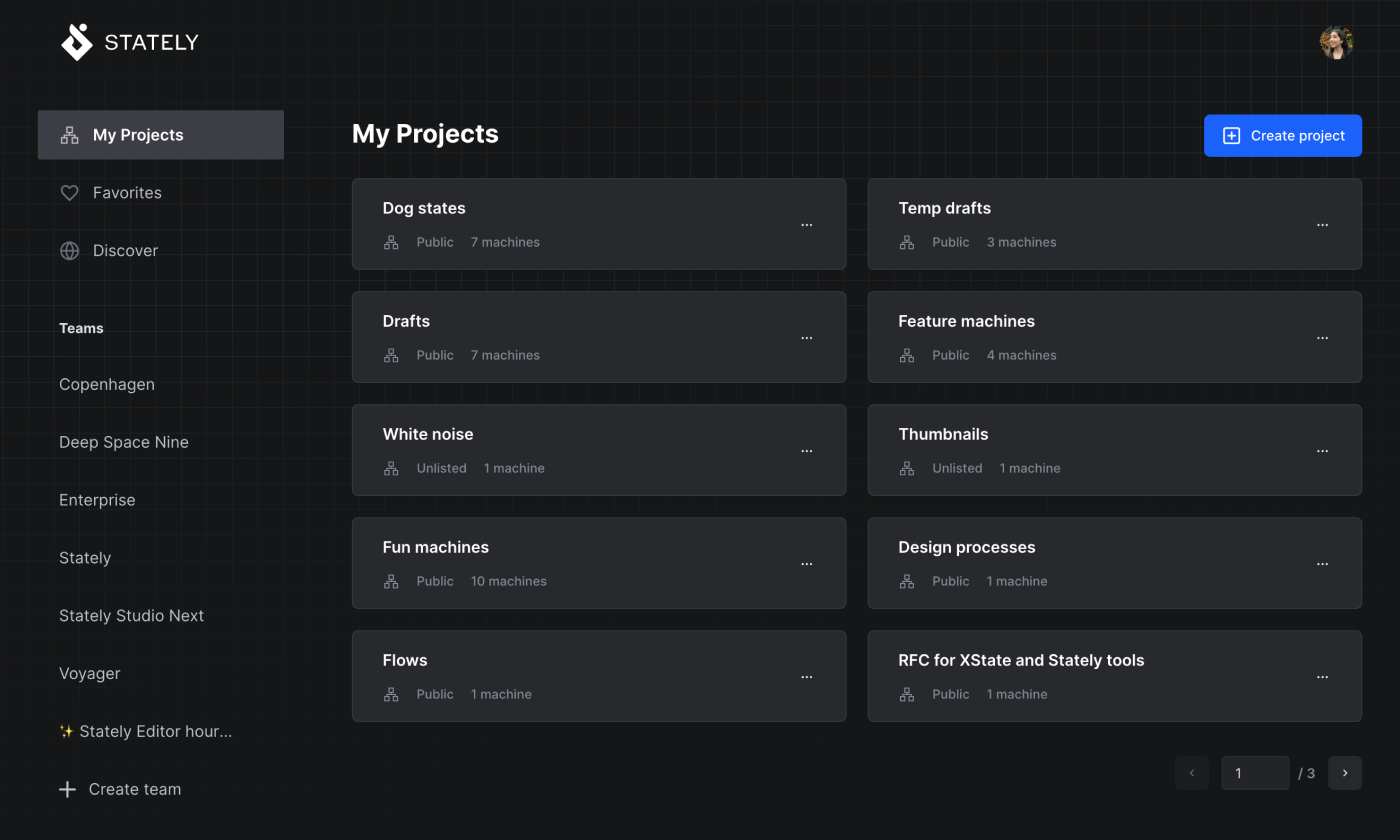 Stately Studio My Projects page showing three pages of projects along with each project’s name, number of machines, and whether the project is public, private, or unlisted.