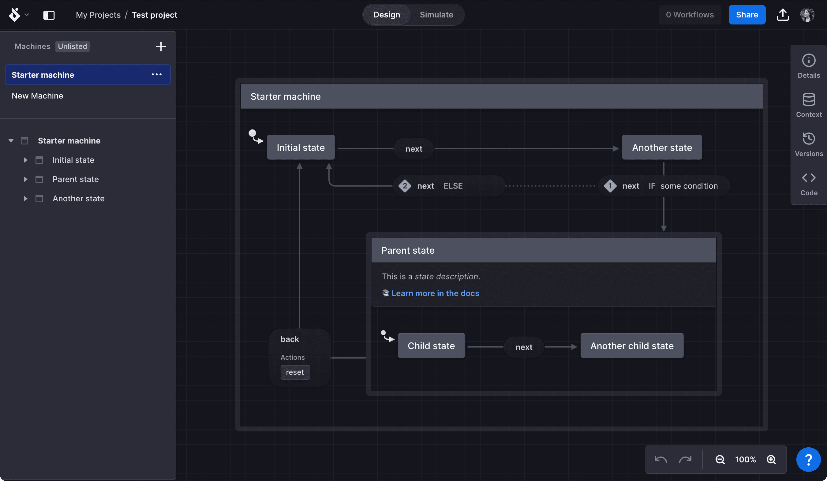 Starter machine in Stately Studio. All the panels are visible, including the top bar, view options, left sidebar, and right tool menu.