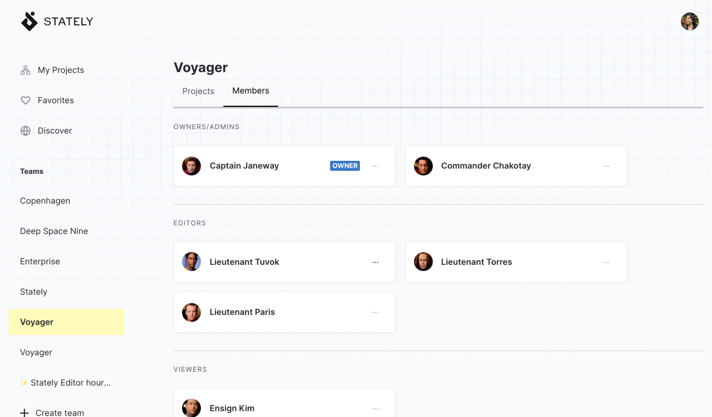 Stately Studio Team page for the Voyager team, showing Captain Janeway with the owner and Admin role, Commander Chakotay with an Admin role, Lieutenant Tuvok, Lieutenant Torres, and Lieutenant Paris with Editor roles, and Ensign Kim with a Viewer role.